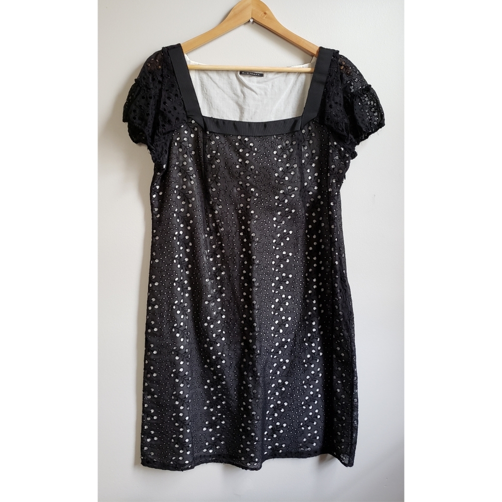 ELIE TAHARI black cotton eyelet square neck dress